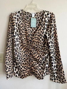 NWT H&M Conscious Choice Leopard V Neck Flared Sleeve Shirred Silky Blouse Top M - Picture 1 of 6