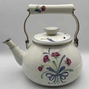 Lenox Poppies on Blue Metal Enamel Tea Kettle Teapot with Lid EXCELLENT Japan - Picture 1 of 14
