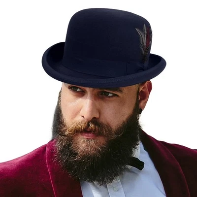 Sombreros Fedora de Lana para Hombres Mujeres Fieltro Bowler Derby Sombrero con Pluma Azul Marino X-Grande Foto 1 de 4