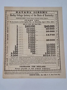 1865 - Edgerton Bros. Lottery Ticket "Havana" Scheme - Shelby College Broadside - Picture 1 of 13