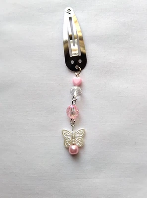 Pink Heart Hair Clip Barrette Butterfly Bead Linear Dangle Handmade Accessory - Image 1 of 3
