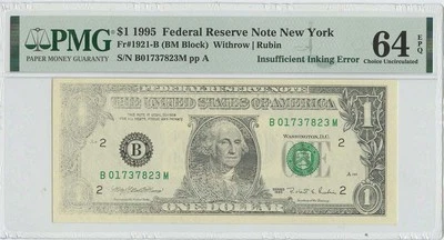 1995 $1 FRN Inking Error Note FR#1921-B PMG CH Unc 64 EPQ - Image 1 of 2