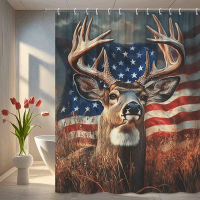 1pcPatriotic Deer Shower Curtain – Buck with American Flag Rustic Wildlife Decor - Image 1 of 4