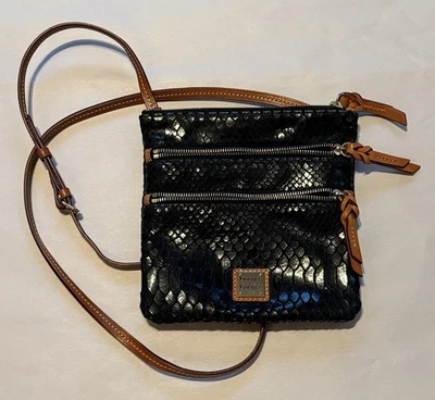 Dooney & Bourke Triple Zip Crossbody Black Suede Reptile Print Leather Strap - Image 1 of 4