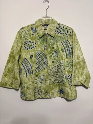Multiples Sz 2 Jacket Zip Lime Green Embroidered Beaded Artistic Tye Die - Image 1 of 4