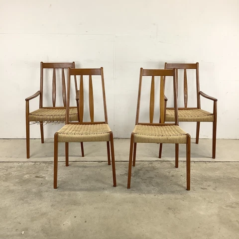 Set of Four Scandinavian Modern Teak Dining Chairs with Rope Seats Cover