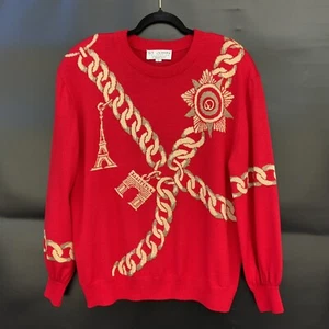 ST. JOHN COLLECTION Eiffel Tower Santana Knit Sweater Size L Metallic Gold Red - Picture 1 of 19