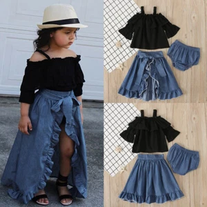 3Pcs Kids Toddler Little Girl Off Shoulder Tops+Denim Shorts+Ruffle Skirt Set - Picture 1 of 12