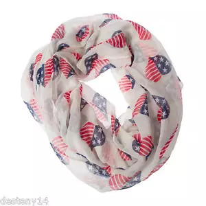 Flag Women's Stars and Stripes Heart Print Infinity Flag Scarf 30" x 70" New - Picture 1 of 6