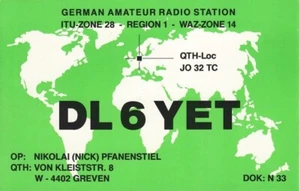 Tarjeta QSL de radioaficionados alemanes DL6YET Greven Alemania Pfanenstiel 1996 - Imagen 1 de 2