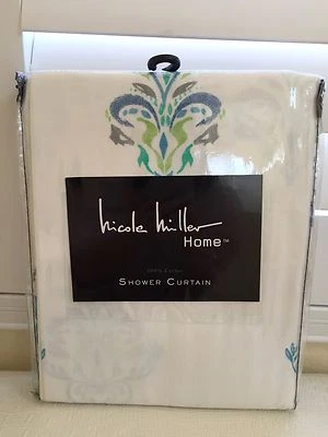 New NICOLE MILLER 100% Cotton Bath Shower Curtain 72x72" Aqua Blue Damask Emblem - Image 1 of 4