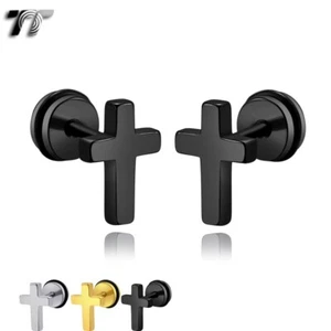 TT Surgical Steel Cross Fake Ear Plug Earrings A Pair  (BE70) NEW - Picture 1 of 4