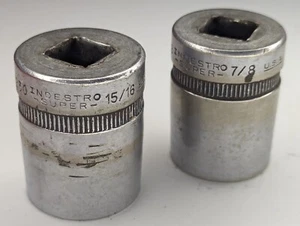 Vtg Indestro Super 7/8" & 15/16" 12 Pt Point Socket Pair Set Metal Impact USA  - Picture 1 of 9