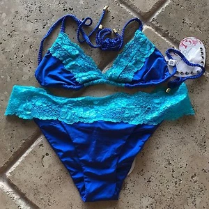 Beach Bunny Cote D Azur Lace Sapphire / Aqua - Small Top XL Bottom - Picture 1 of 4