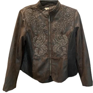 Chaqueta de cuero vegana Reba McEntire Western Country con tachuelas marrón para mujer mediana - Imagen 1 de 12
