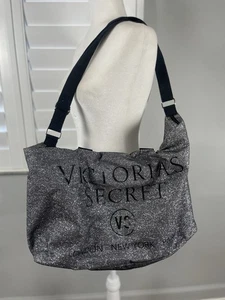 Victoria’s Secret Silver Glitter Weekender Duffel Tote Bag Strap and Handles New - Picture 1 of 17