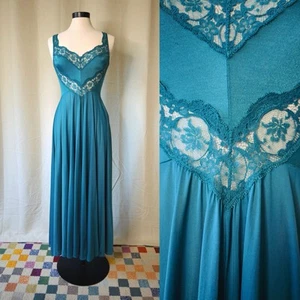 VTG Olga Teal Blue Lace Slip Maxi Bodice Corset Dress Nightgown Lingerie - Picture 1 of 8
