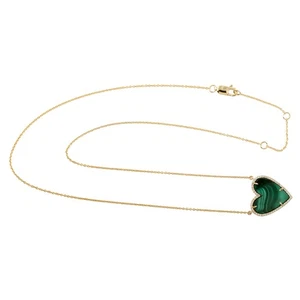 Malachite Heart Necklace with Diamonds 14k Gold Gemstone Pendant Gift for Her - Picture 1 of 6
