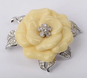Nolan Miller Cream Enamel Flower Brooch Rhinestone Silver Tone Vintage Pin - Picture 1 of 7