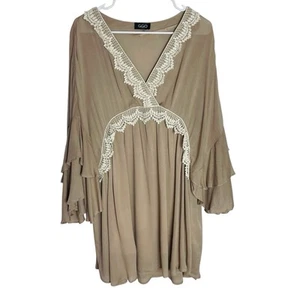 GiGiO Boho Dress Womens M Taupe Lace V Neck Dramatic Butterfly Sleeve Fairycore - Picture 1 of 8