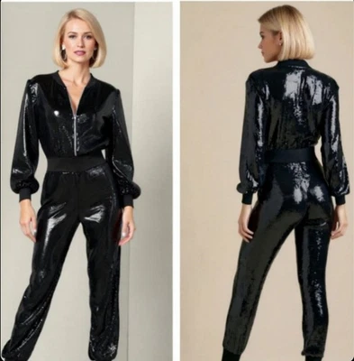 Mono Venus Brillante Negro Lentejuelas Cremallera Frontal Manga Larga Para Mujer Pequeño Foto 1 de 4