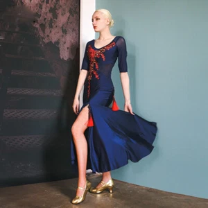 NEU Latein Ballsaal Tanzkleid modern Salsa Walzer Standard langes Kleid #G499 blau - Bild 1 von 9