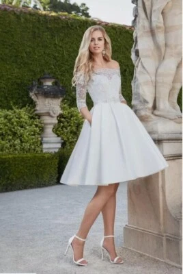 Elegant Knee Length Lace Satin Wedding Dress Short Bridal Gown with Half Sleeves - Image 1 of 4