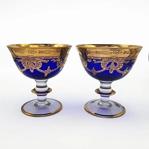 Italienisch Blau Glas Fuß Dessert Goldrand Weinkelch SC Linie Vintage 2er Set LESEN - Bild 1 von 11
