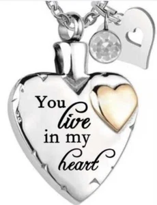 Memorial Urn Necklace Pendant For Ashes: “You Live In My Heart” 55cm WATERPROOF - Picture 1 of 6
