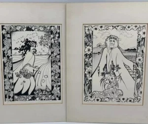 1904 Jugendstil Drucke Lithographien Jahreszeiten Frühling & Herbst Madeline Albrecht - Bild 1 von 13