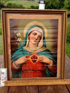 Litografía vintage Virgen María grande 20x24 pulgadas enmarcada Sagrado Corazón catedral artículo loft - Imagen 1 de 8