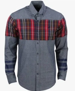 Staple Mens Indigo Stormking Woven Button Up Shirt Size Large Stripe Sleeve - Picture 1 of 6