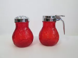Set 2 Mosser Ruby Red Syrup & Shaker / Muffineer Inverted Thistle Sugar Cheese - Picture 1 of 6