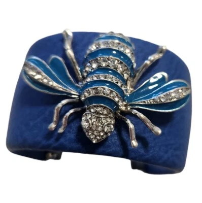 Brazalete Brazalete Estilo Abeja Estrás Tono Plateado 1 5/8x7" Esmalte Azul Foto 1 de 4