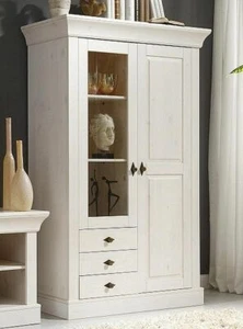 Massivholz Vitrinenschrank weiß Kiefer massiv Highboard Vitrine Schrank Landhaus - Bild 1 von 7