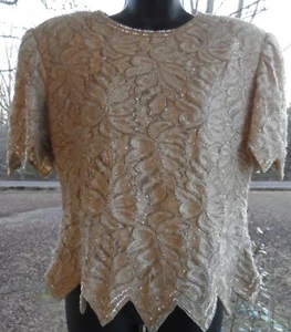 VINTAGE! TAGGED ALLURE Iridescent BEADED WOMAN'S BEIGE BLOUSE - Picture 1 of 12