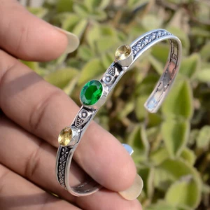 Diopside, Citrine Gemstone Bracelet 925 Sterling Silver Handmade Jewelry Bangle - Picture 1 of 8