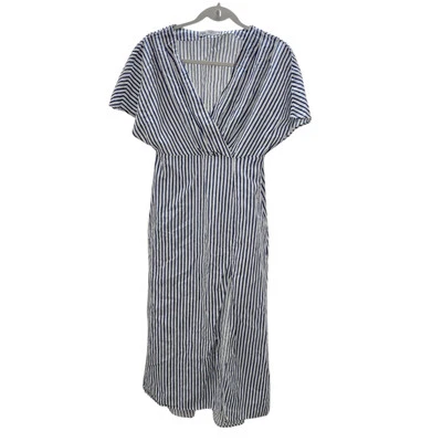 Zara 连衣裙小号蓝色白色条纹亚麻 Midi 侧开衩学院风 Bloggers Fave — 第 1/4 张图片