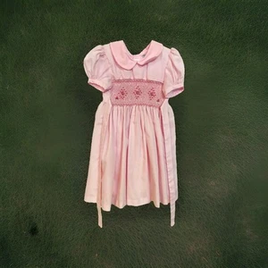 Girl's Size 4 Dress Solid Pink Smocked with Flowers Fit & Flare Tie-Back - Picture 1 of 6