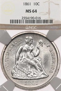 1861 10C NGC MS64 Liberty Seated Dime - Civil War Date - Picture 1 of 4