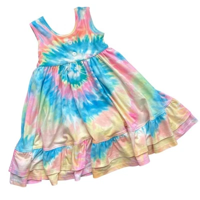 Vestido Jane + Jo 5Y Tie Dye Sin Mangas Volantes Informal Colorido Lindo Giro Hippie Foto 1 de 4