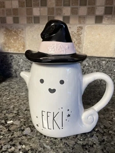 NWOT Rae Dunn Ghost Shaped “EEK!” Halloween Mug with Witch Hat Lid - Picture 1 of 11