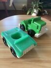 Vintage Fisher Price Little People GREEN AIRPORT TRUCK & GREEN LUGGAGE CAR