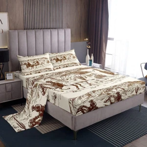 Western Bed Sheets Full Size Cowboy Sheet Set American Wild West Desert Hand Dra - Picture 1 of 6