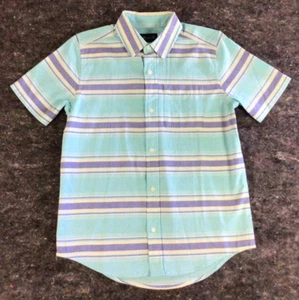 Boys Button Front Striped Short Sleeve Dress Shirt Sz 10-12 Mint Green Yellow - Picture 1 of 10