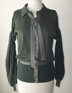 BALENCIAGA Grey Green Cardigan Tie Button Sweater Top 40 8 - Picture 1 of 3