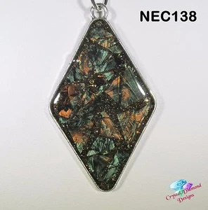 Green/Bronze Diamond Handmade Van Gogh Glass Mosaic Necklace under resin NEC138 - Picture 1 of 5