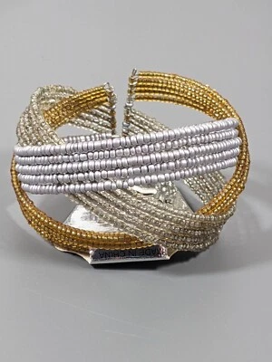 Brazalete ancho trenzado con cuentas de vidrio de dos tonos Beachy Coastal 7 pulgadas Foto 1 de 4