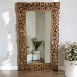 72" Hand-Carved Full-Length Wooden Mirror | Vintage Farmhouse Standing Vanity Wa - Picture 1 of 5