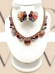 Vintage Dragons Breath Opal Foiled Lucite Pink Rhinestone Necklace Earring Set